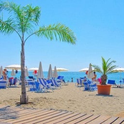 Spiaggia con ombrelloni bianchi e sedie blu davanti al mare.