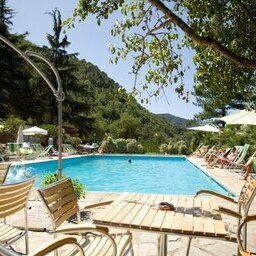 Piscina in montagna circondata da alberi e sdraio.